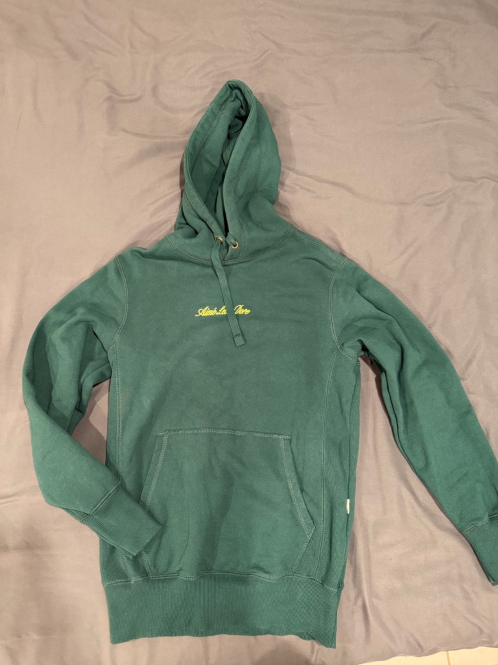 Aime Leon Dore Green Pullover Hoodie with Yellow Script